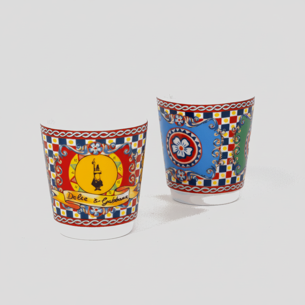 Two ceramic cups with colorful designs on a white background