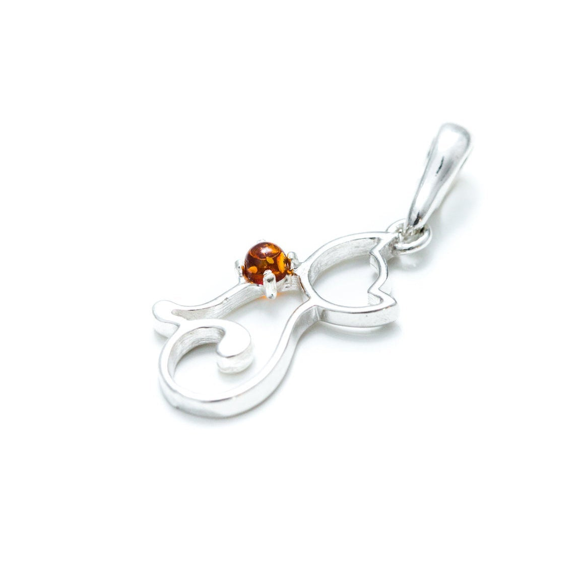 silver cat necklace charm on a white background