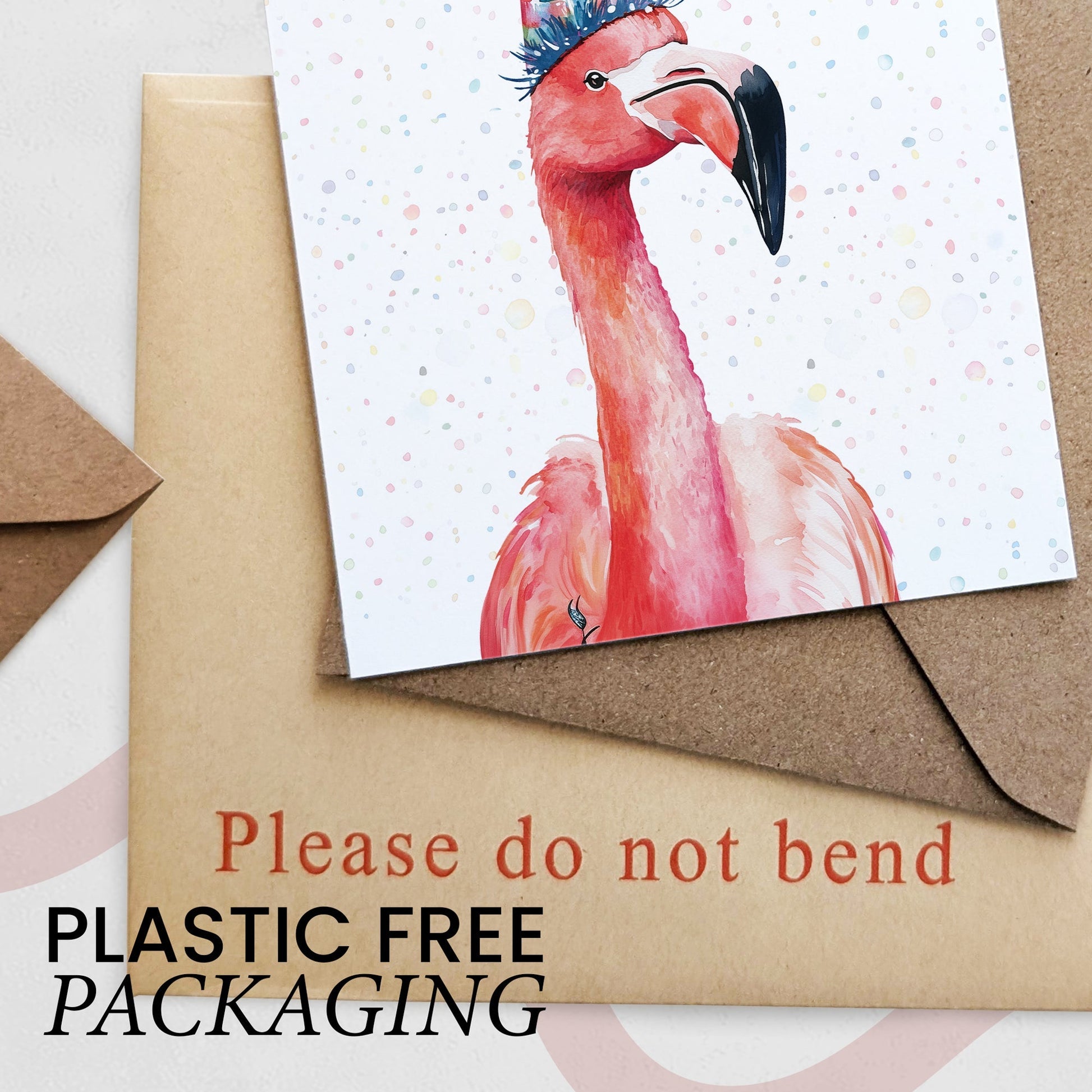 Card with a flamingo design on a brown envelope, with text 'Please do not bend' and 'Plastic Free Packaging'.