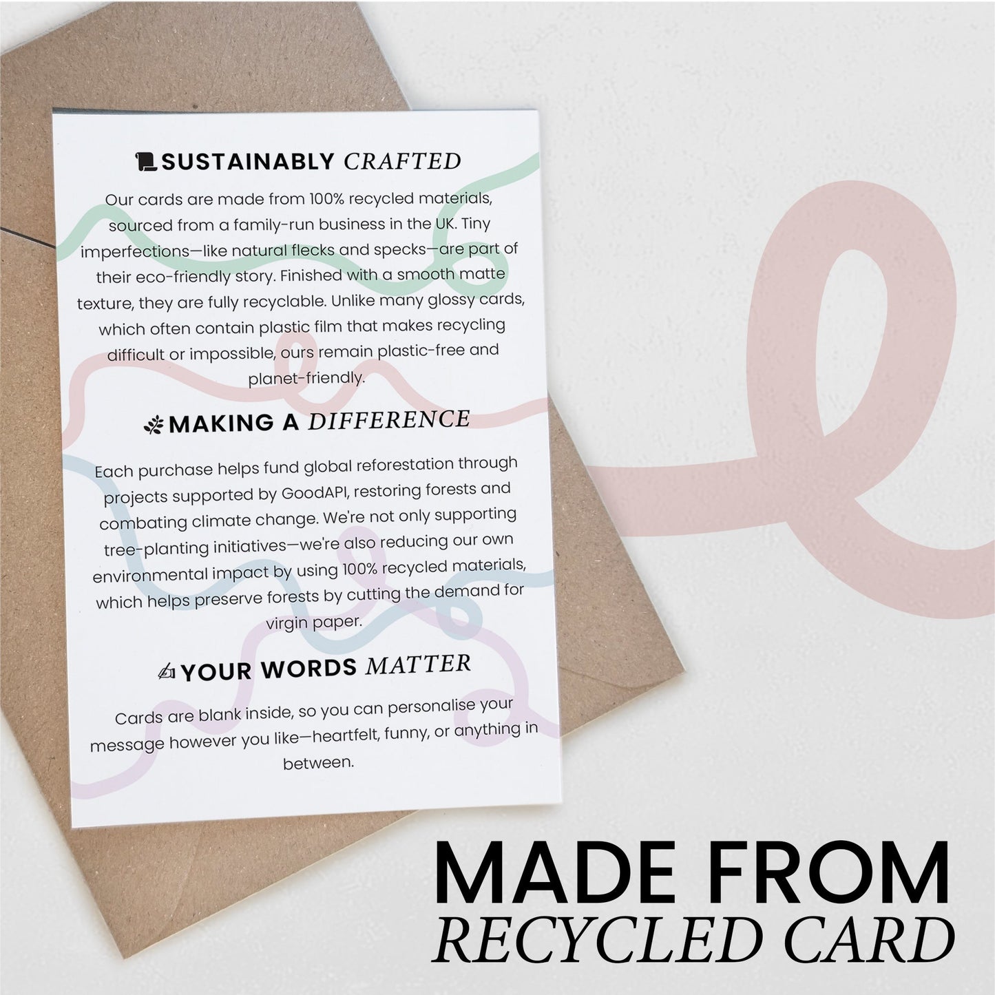 Sustainably crafted card with text on a white background