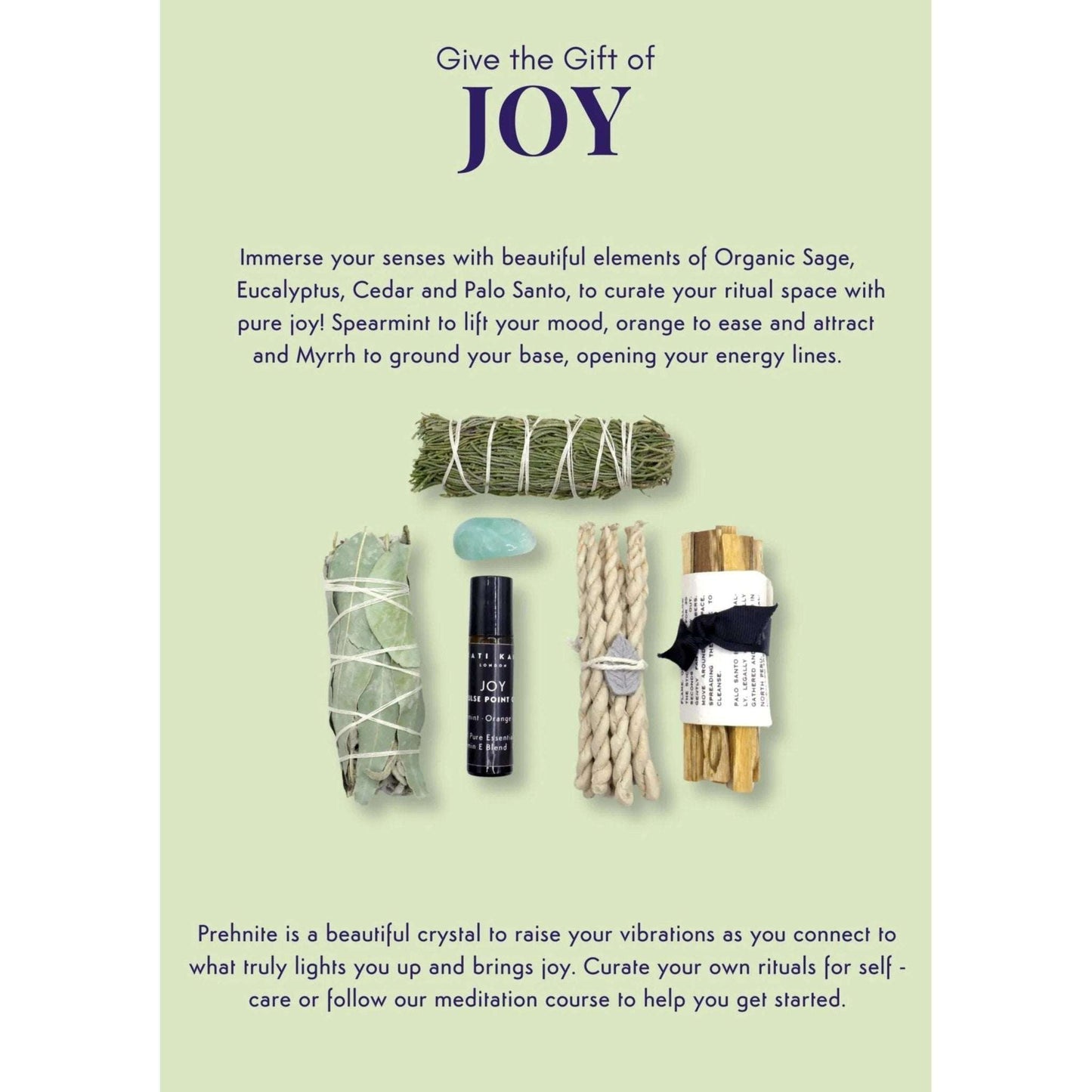 Set of organic sage, eucalyptus, cedar, and palo santo with a bottle labeled 'JOY' on a light green background.