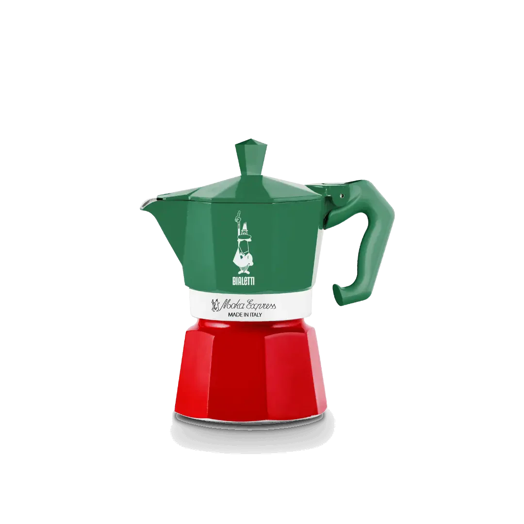 Green and red coffee maker with a white base on a white background