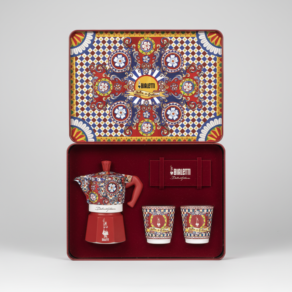 Moka pot set with two cups in a decorative tin box featuring Bialetti branding.