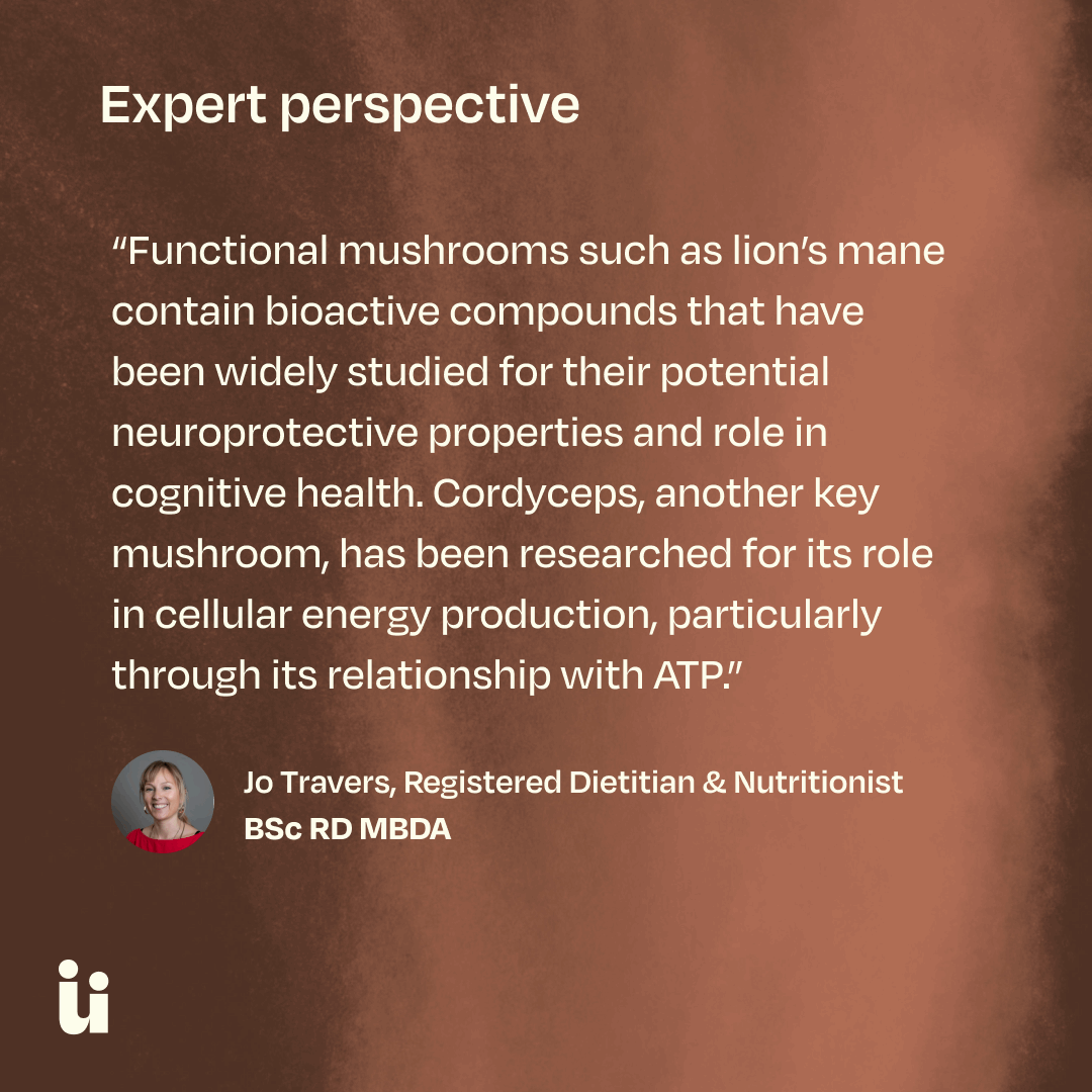 Text on a brown background about functional mushrooms and their health benefits, with a registered dietitian's name and credentials.