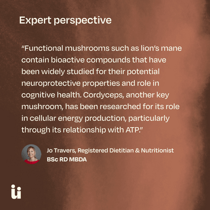 Text on a brown background about functional mushrooms and their health benefits, with a registered dietitian's name and credentials.