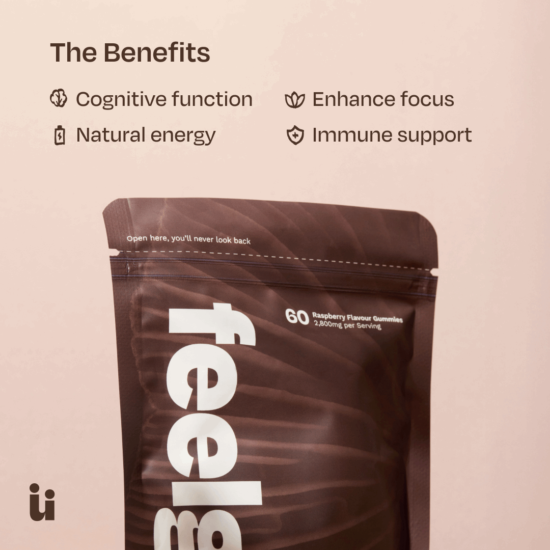 Brown package labeled 'feels' with benefits listed on a beige background