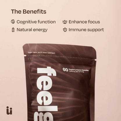Brown package labeled 'feels' with benefits listed on a beige background