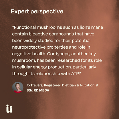 Text on a brown background about functional mushrooms and their health benefits, with a registered dietitian's name and credentials.