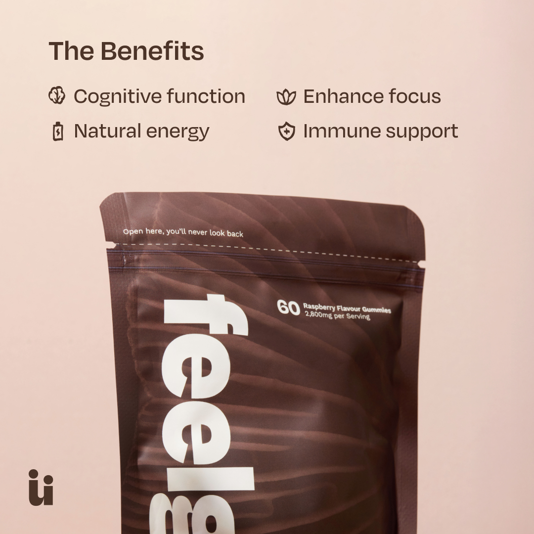 Brown package labeled 'feels' with benefits listed on a beige background