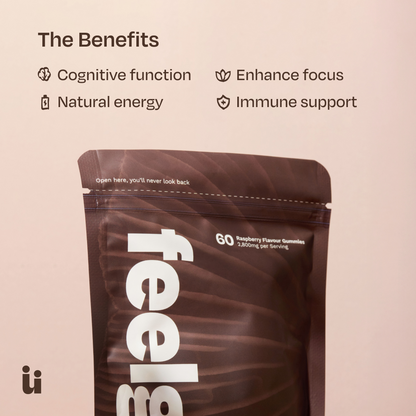 Brown package labeled 'feels' with benefits listed on a beige background