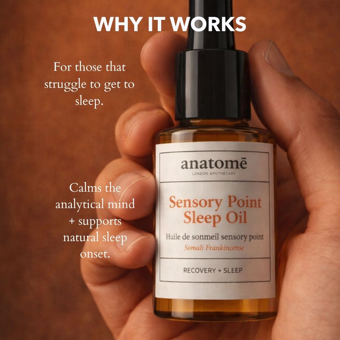 Hand holding a bottle of 'anatome' Sensory Point Sleep Oil with text about its benefits on a brown background.