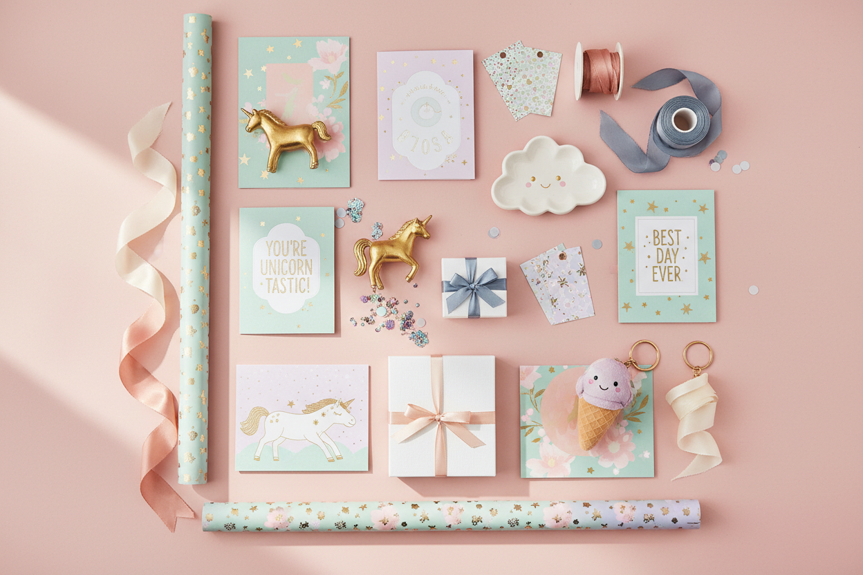 Collection of gift wrap, cards, and decorative items on a pink background