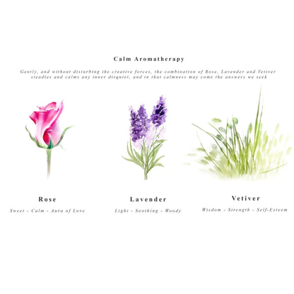 Illustrations of a rose, lavender, and vetiver plant with descriptive text on a white background.