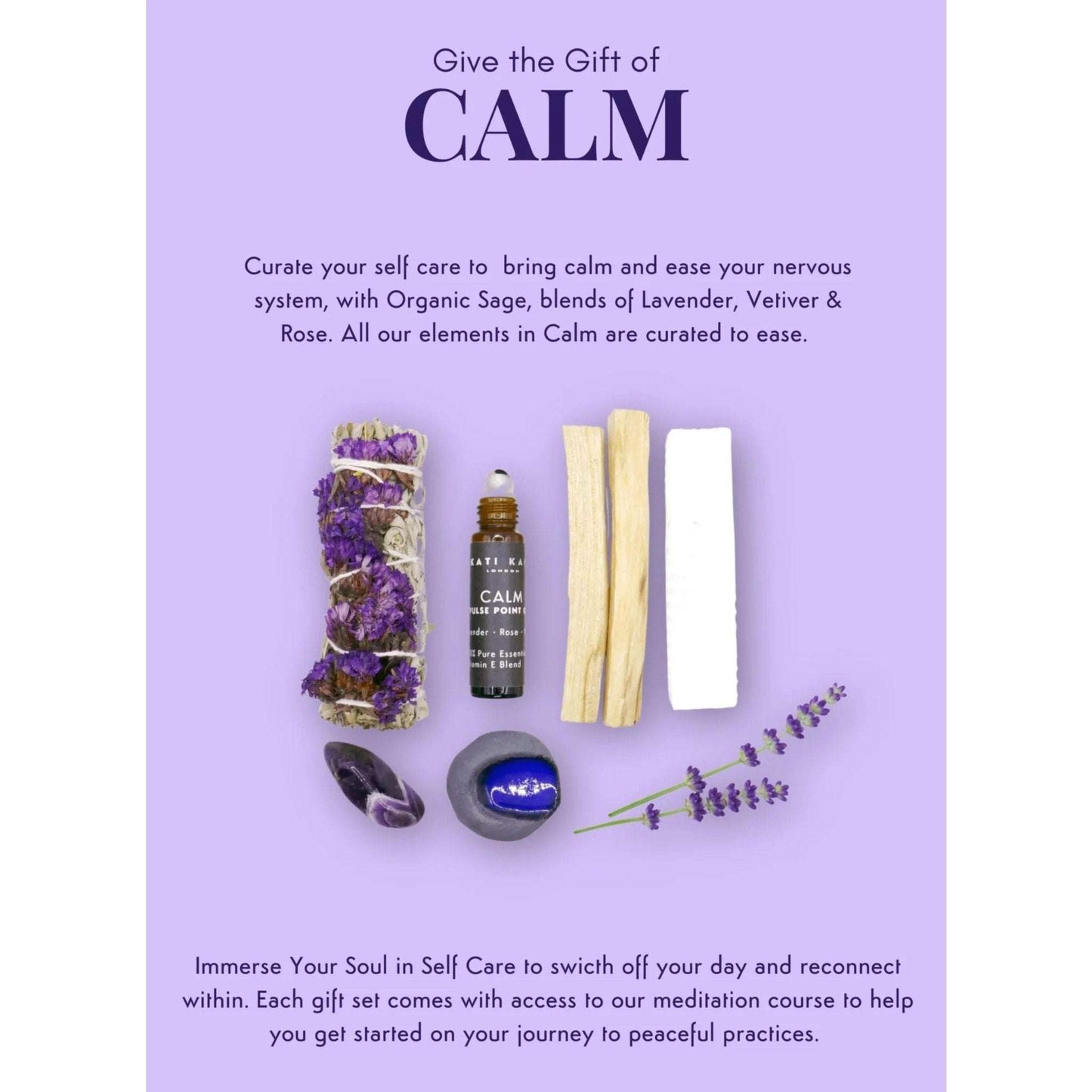 Promotional image for a self-care product set with text on a purple background