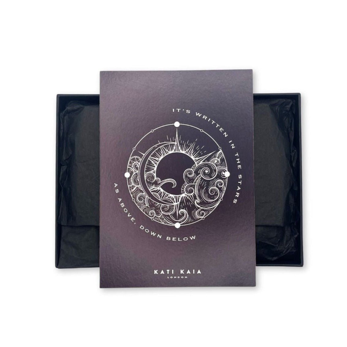 Purple card with astrological design and text on a white background