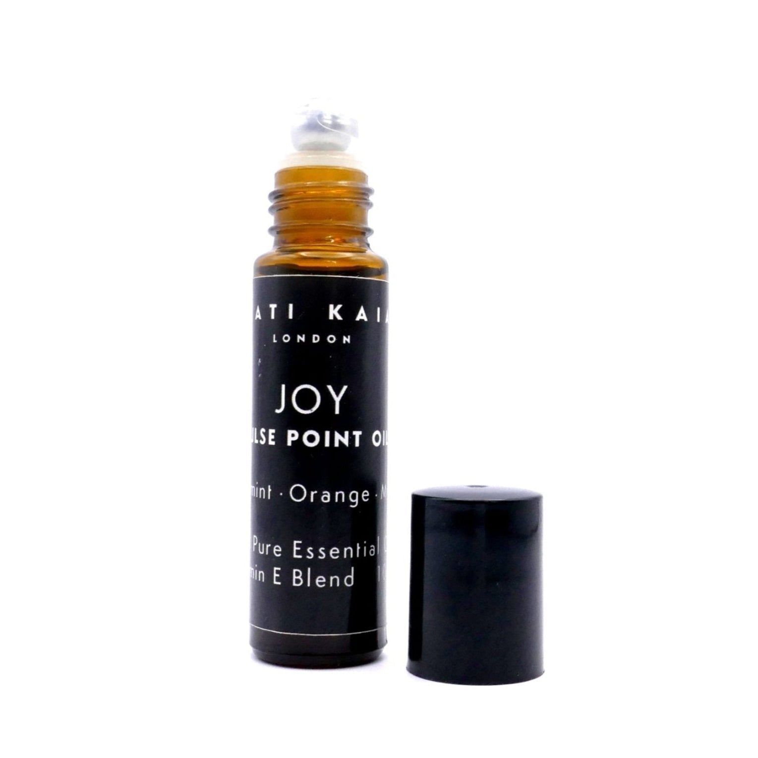 Roll-on bottle of 'Joy' essential oil blend by Kati Kai London on a white background
