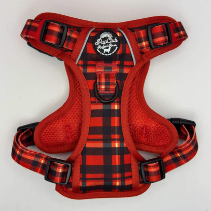 Red plaid dog harness with brand logo on a white background