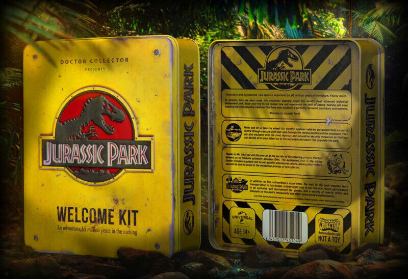 Jurassic Park welcome kit with yellow and black design on a jungle-themed background