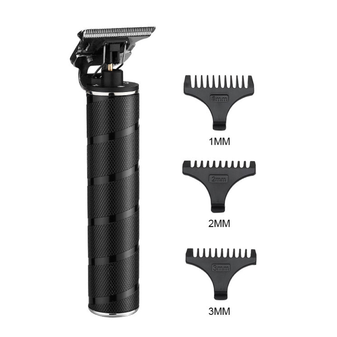 Black hair trimmer with three comb attachments on a white background