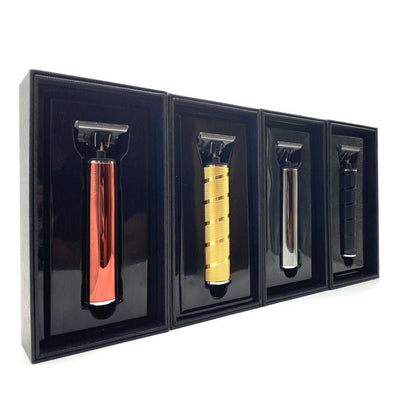 Four different razors in black display cases on a white background