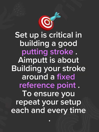 Text about putting stroke setup with a dart and target graphic on a dark background
