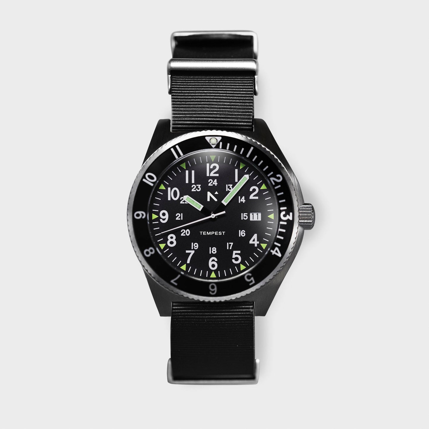 Black watch with green accents on a white background