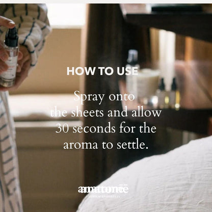 Person holding a spray bottle with text on how to use it, featuring the brand 'amunee'.