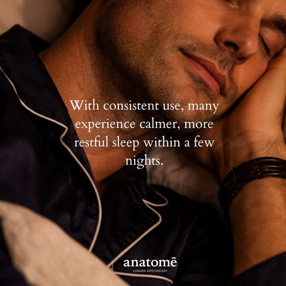 Man sleeping with a quote about restful sleep and an anatomé logo.