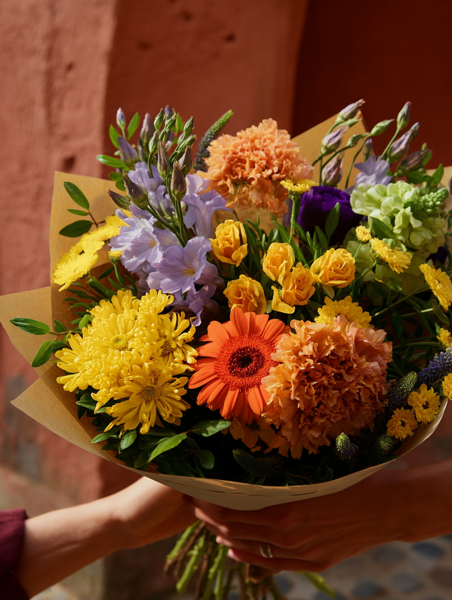 Bouquet of colorful flowers held by a person against a blurred background