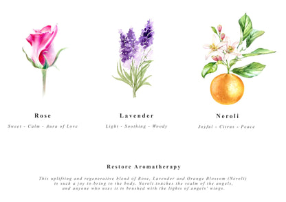 Illustrations of a rose, lavender, and neroli with their names and descriptions on a white background.